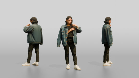 Homeless Woman Adjusting an Oversized Denim Jacket