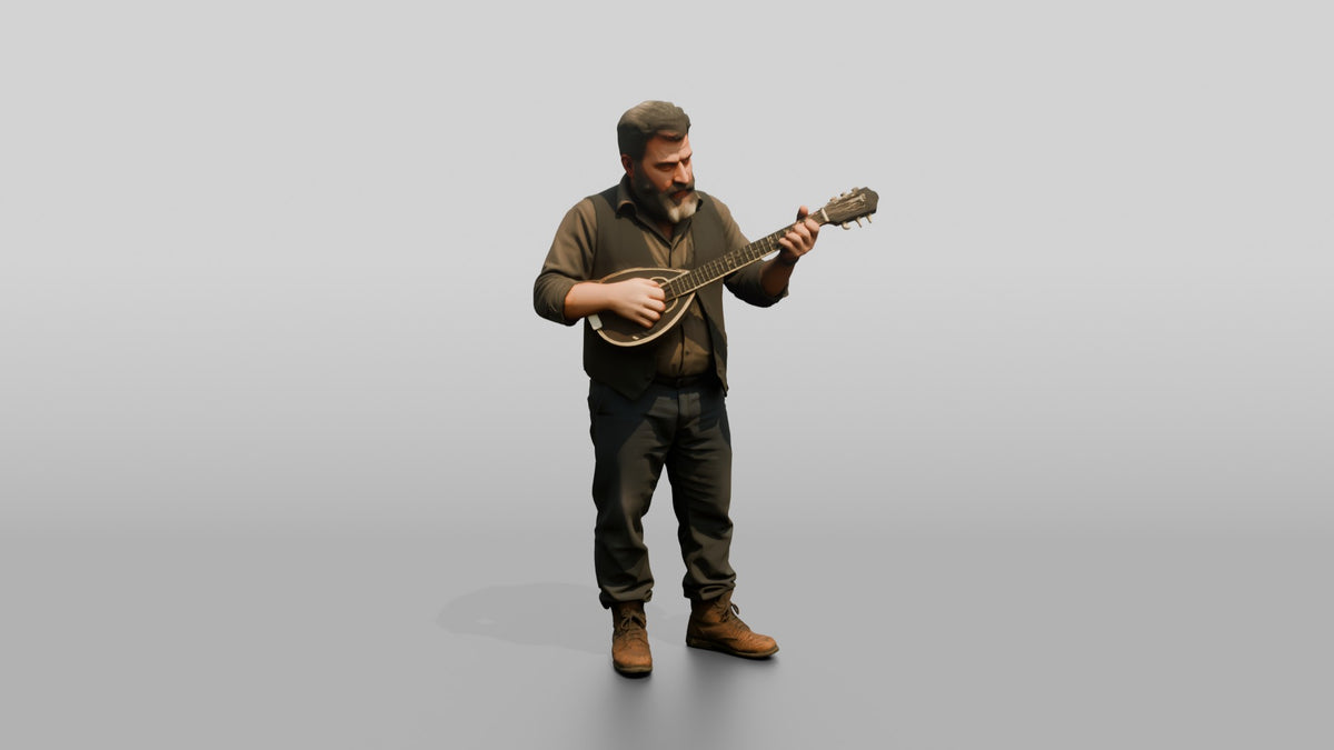 Baglama Player Plucking String Instrument - 3D character model, view 1