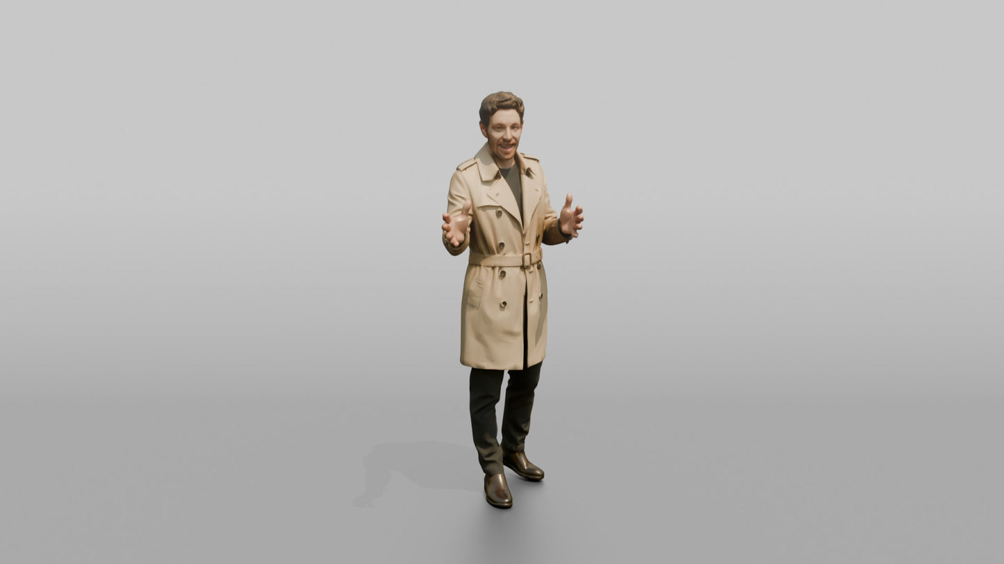 European Man in a Trench Coat, Gesturing Mid-Conversation
