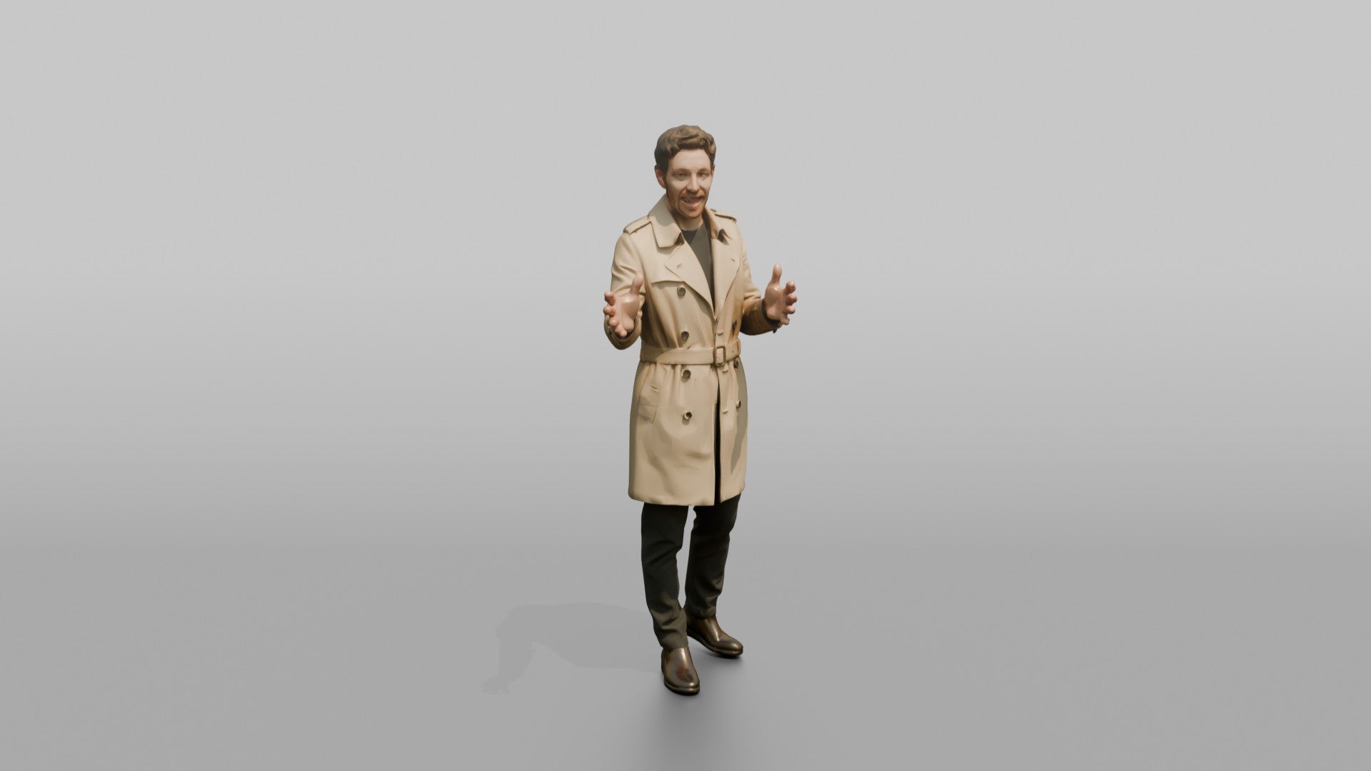 European Man in a Trench Coat, Gesturing Mid-Conversation