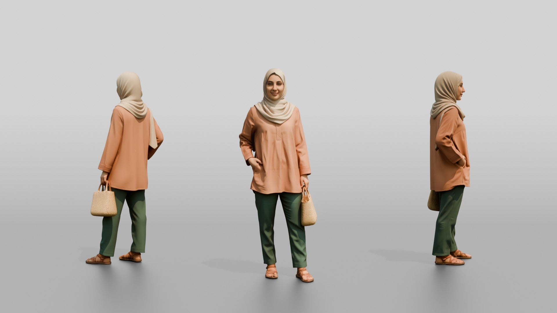Hijab Woman with Wicker Bag in Peach Tunic