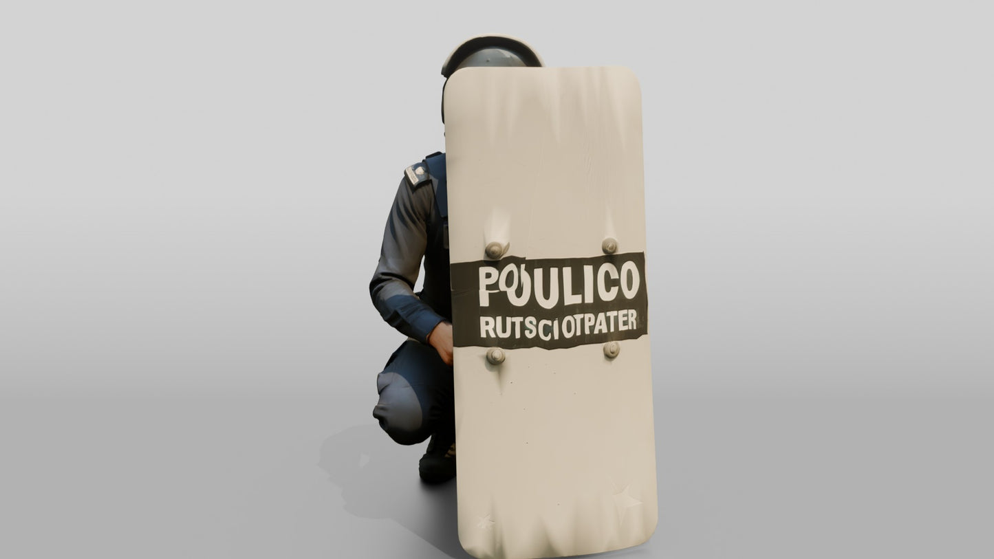 Riot Police Officer Crouching Behind Shield