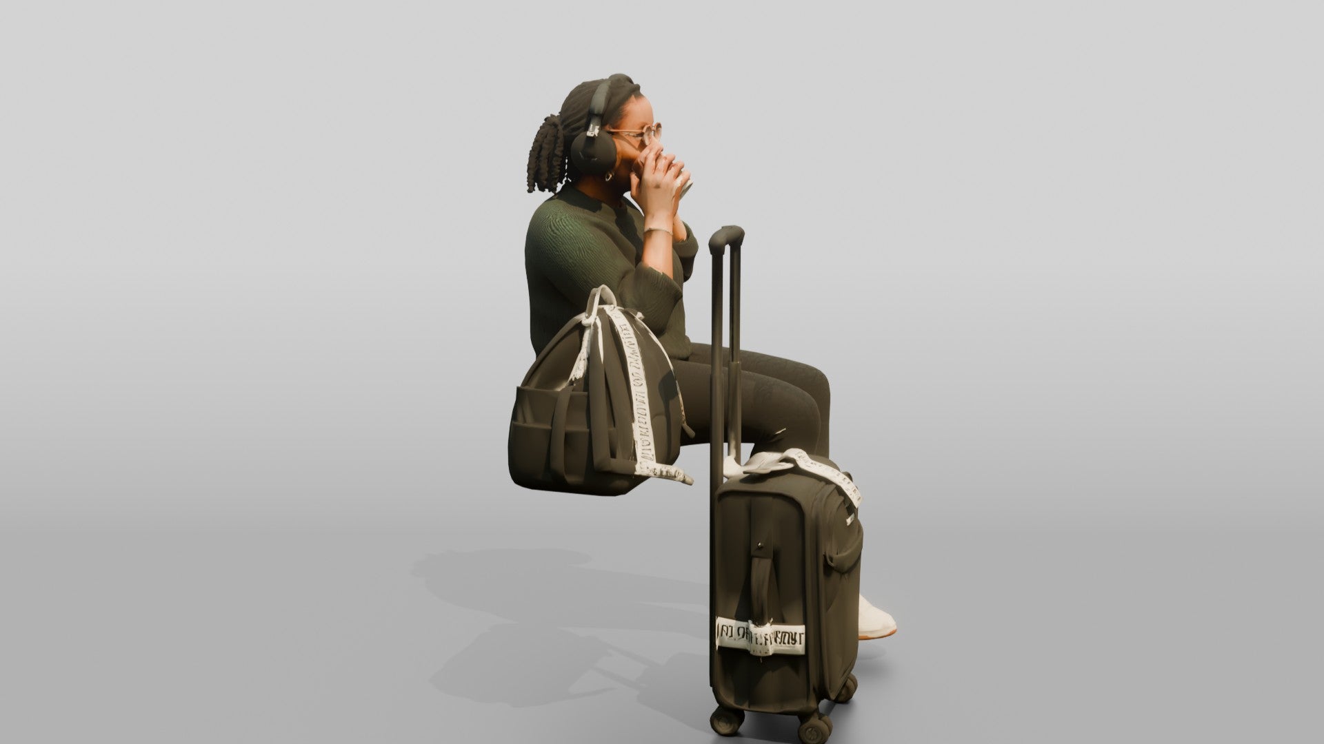 Plus-Size Black Woman Seated with Headphones Drinking Coffee