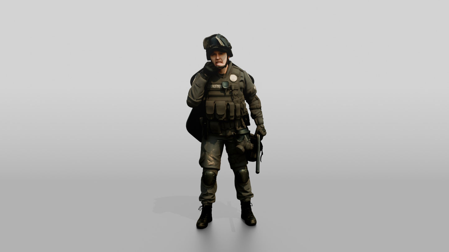 Riot Police Officer Standing with Baton