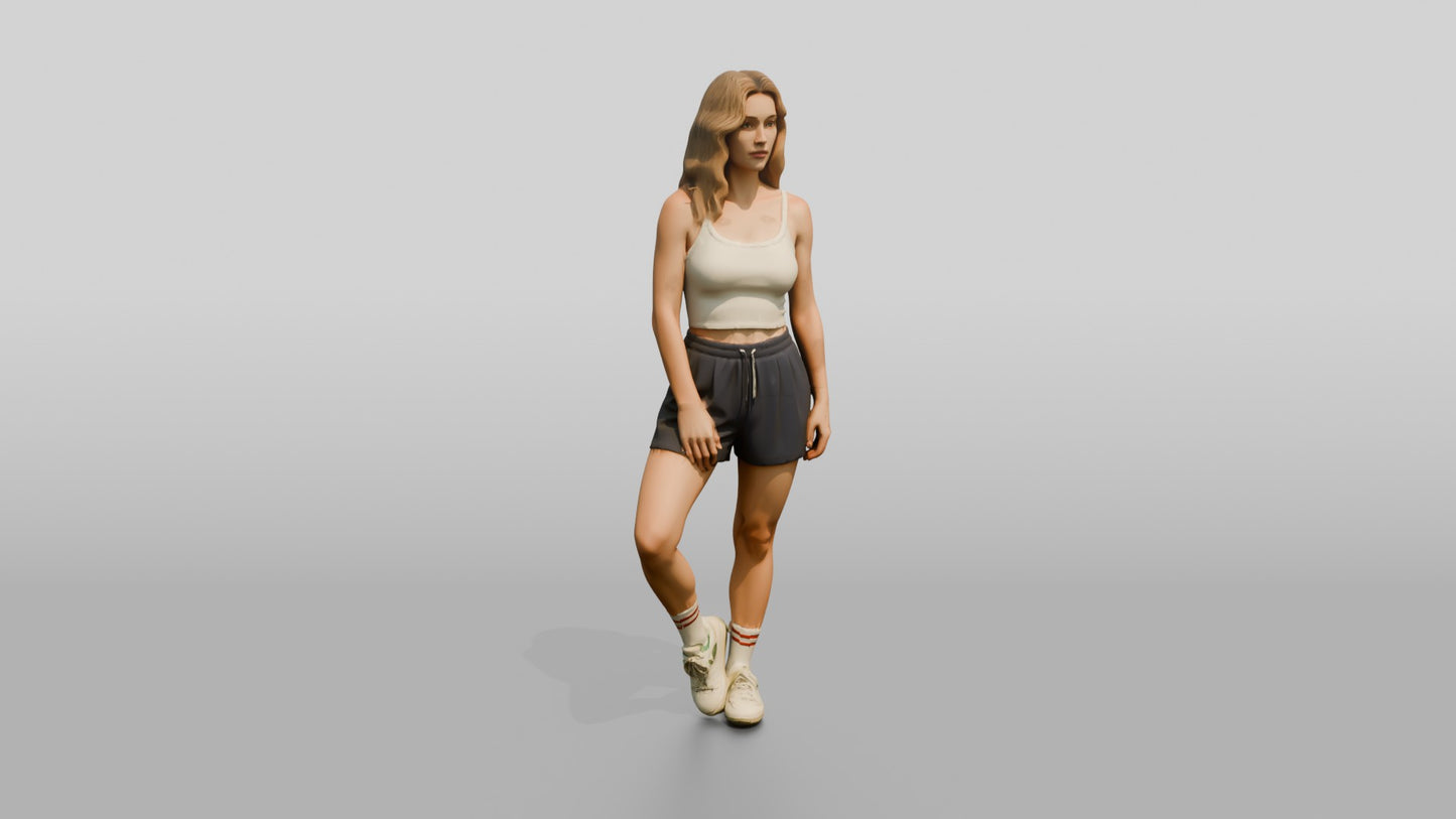 Blonde Woman Walking in Cream Tank Top and Shorts
