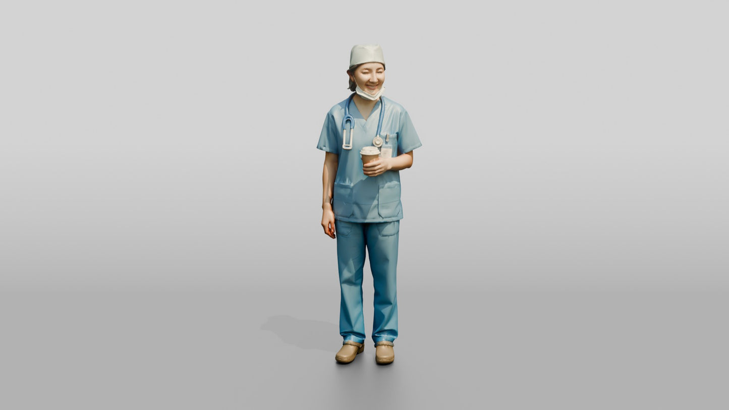 Middle-Aged East Asian Woman Doctor Holding Coffee