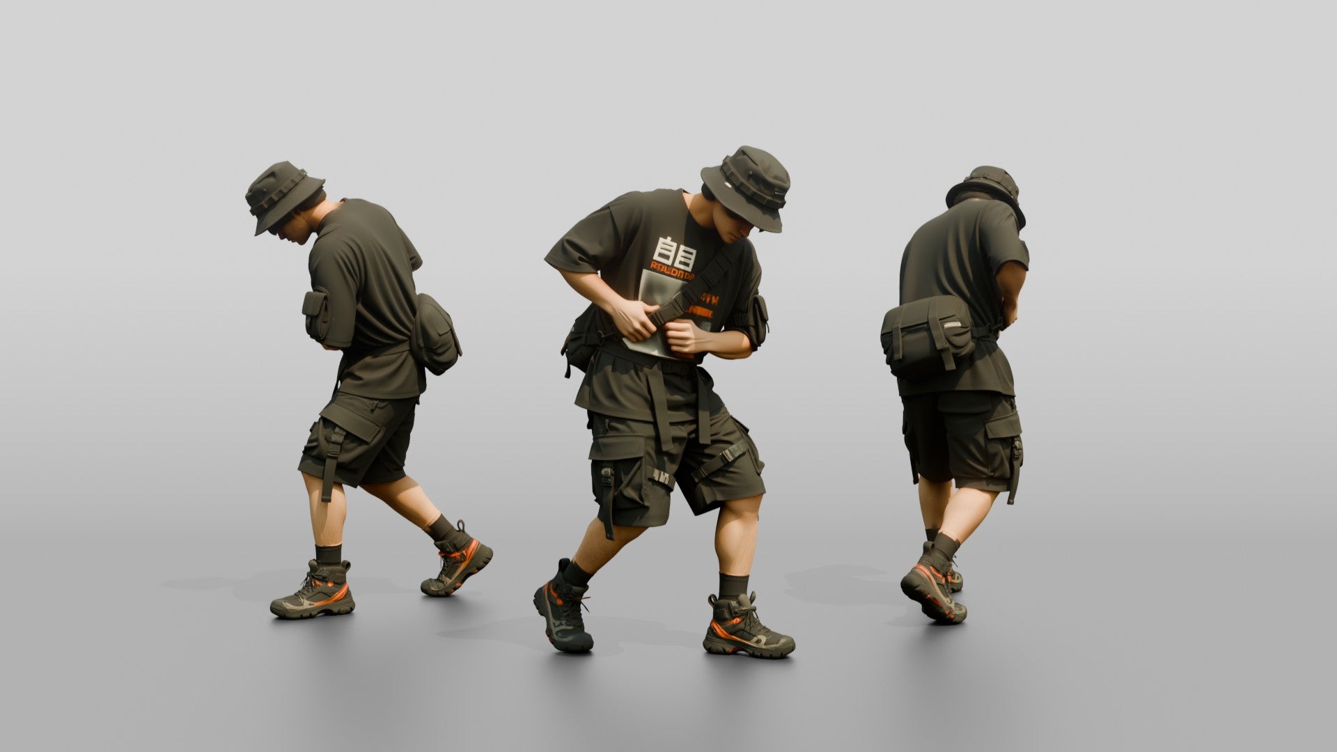 Techwear Man in Graphic Bucket Hat Streetwear