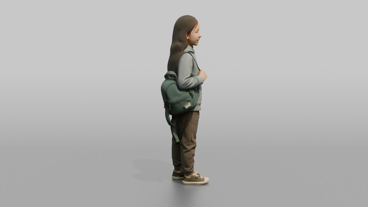 Daughter Carrying A Small Backpack By One Strap - 3D character model, view 2