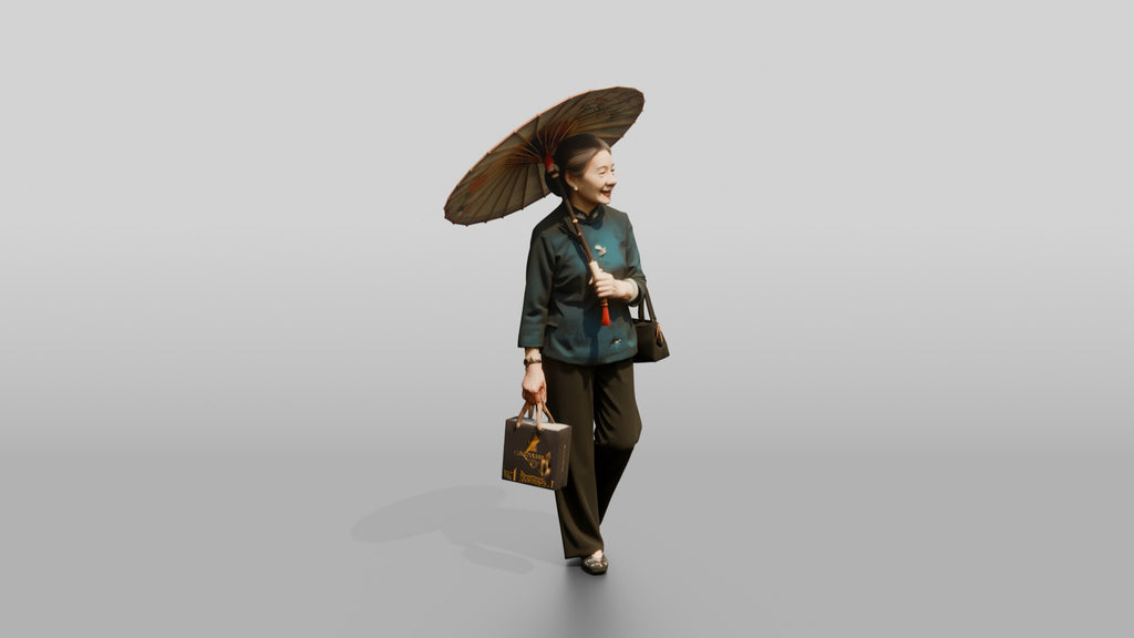 Elderly Chinese Woman in Qipao with Paper Umbrella