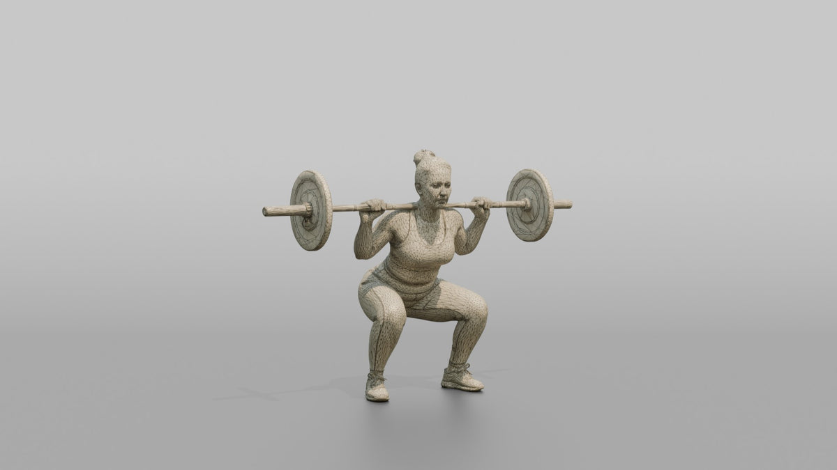 Weightlifter Woman Holding A Barbell Across The Shoulders In A Squat Stance - wireframe topology preview