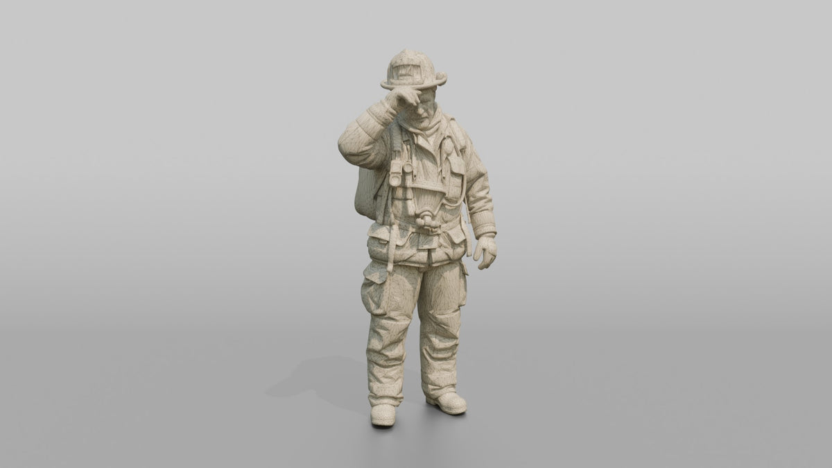 Firefighter Man Wiping Soot Off His Forehead with a Gloved Hand - wireframe topology preview