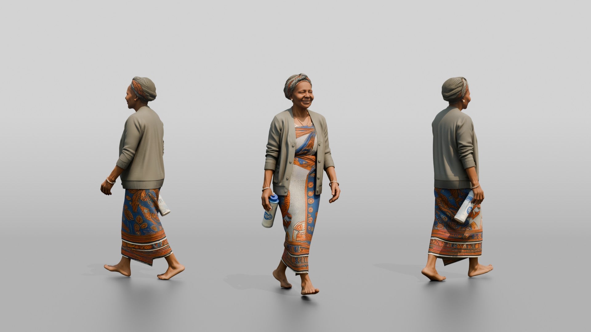 Elderly African Woman with a Water Bottle in a Wrap Dress