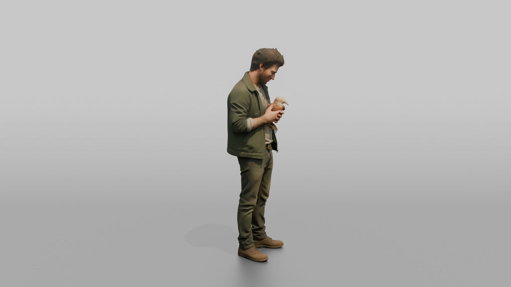 Farmer Cradling Small Chicken