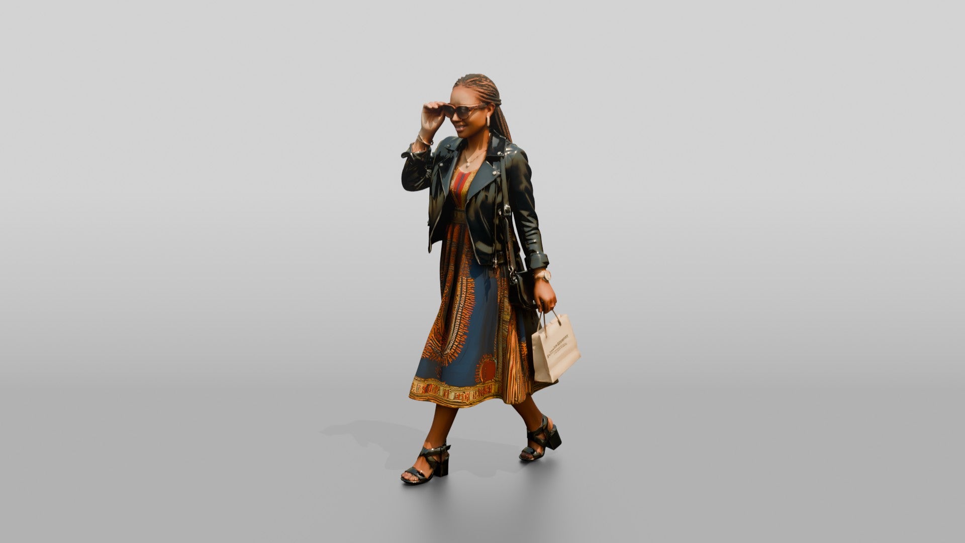Stylish African Woman in a Leather Jacket and Print Dress
