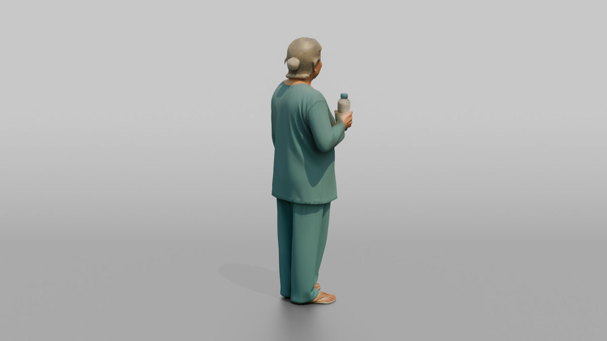 Spa Client Woman Standing Holding A Small Water Bottle, Post-treatment - 3D character model, view 3