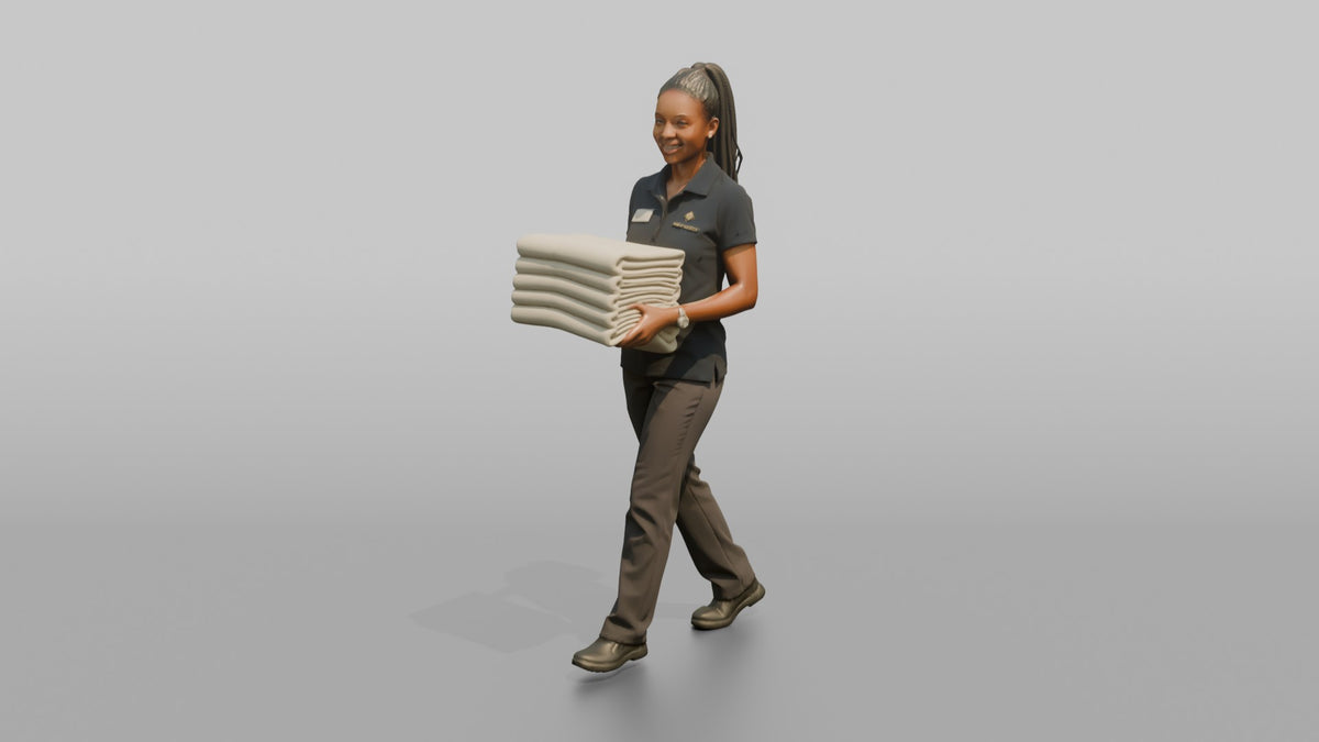 Spa Attendant Man Carrying A Stack Of Folded Pool Towels - 3D character model, view 4