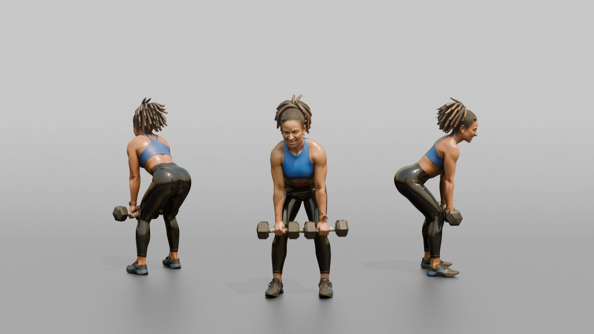 Weightlifter Woman Mid-rep On A Dumbbell Deadlift - 3D character model, view 1