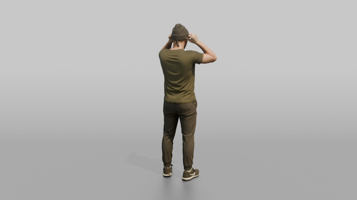 Man Customer Trying On A Beanie Hat - 3D character model, view 3