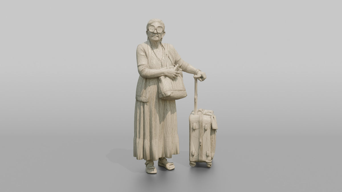 Traveler Hugging Her Carry-On Bag - wireframe topology preview