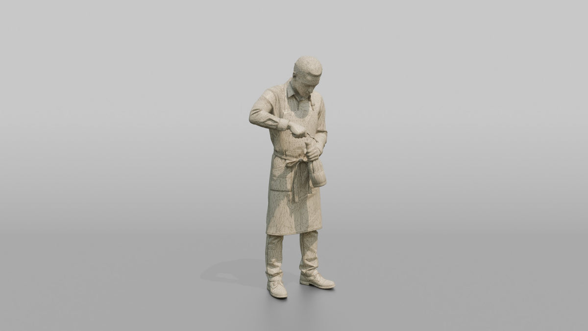 Server Woman Holding A Corkscrew, Opening A Wine Bottle - wireframe topology preview