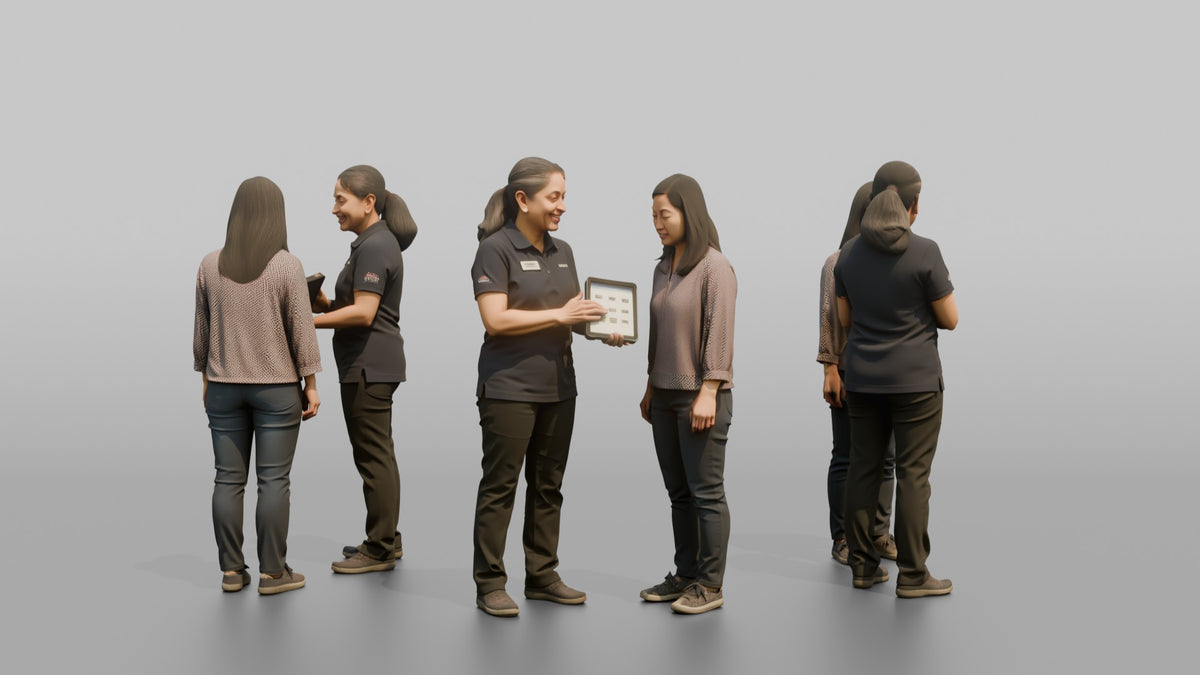 Woman Sales Associate Helping A Customer Locate An Item On A Tablet - 3D character model, view 1