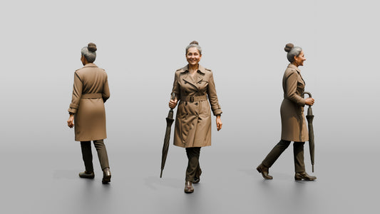 Indian Woman in Trench Coat with Black Umbrella