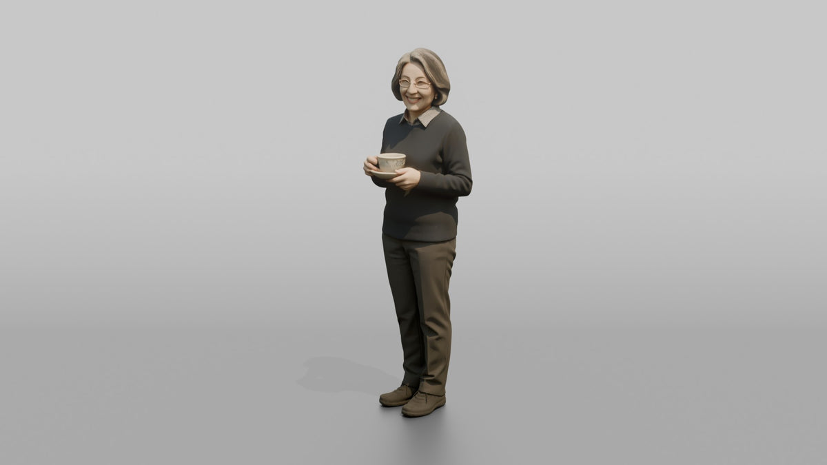 Grandmother Holding A Teacup And Saucer With Both Hands - 3D character model, view 4