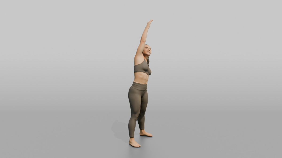 Fitness Influencer Woman Doing A Standing Side Stretch, One Arm Overhead - 3D character model, view 2