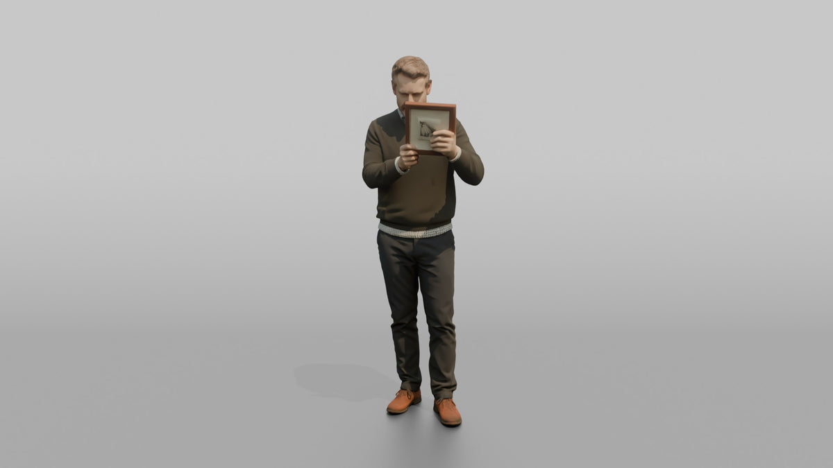 Man Customer Holding Up A Picture Frame To Inspect It Closely - 3D character model, view 4