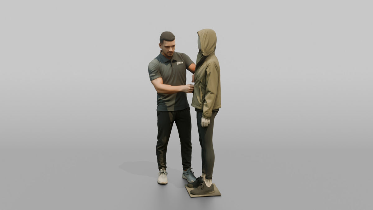 Man Sales Associate Dressing A Mannequin In A New Jacket - 3D character model, view 4