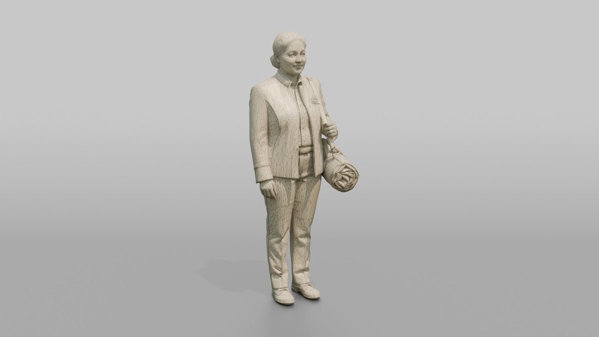 Bellhop Woman Carrying A Rolled Travel Bag Over One Shoulder - wireframe topology preview