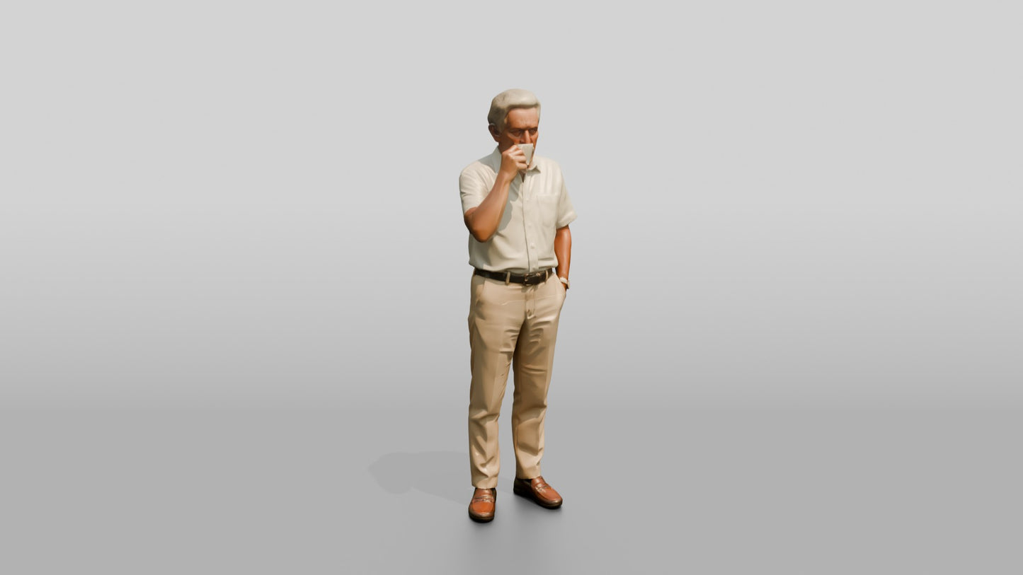 Elderly Slender Spanish Man Sipping Espresso