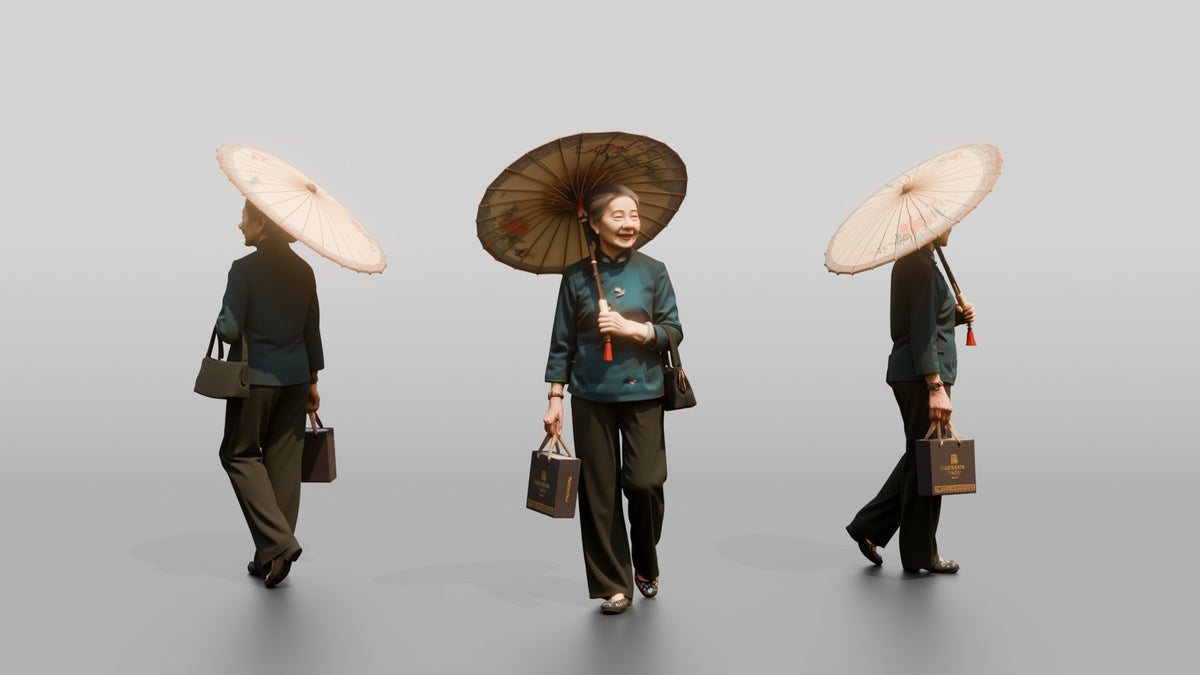 Elderly Chinese Woman in Qipao with Paper Umbrella - 3D character model