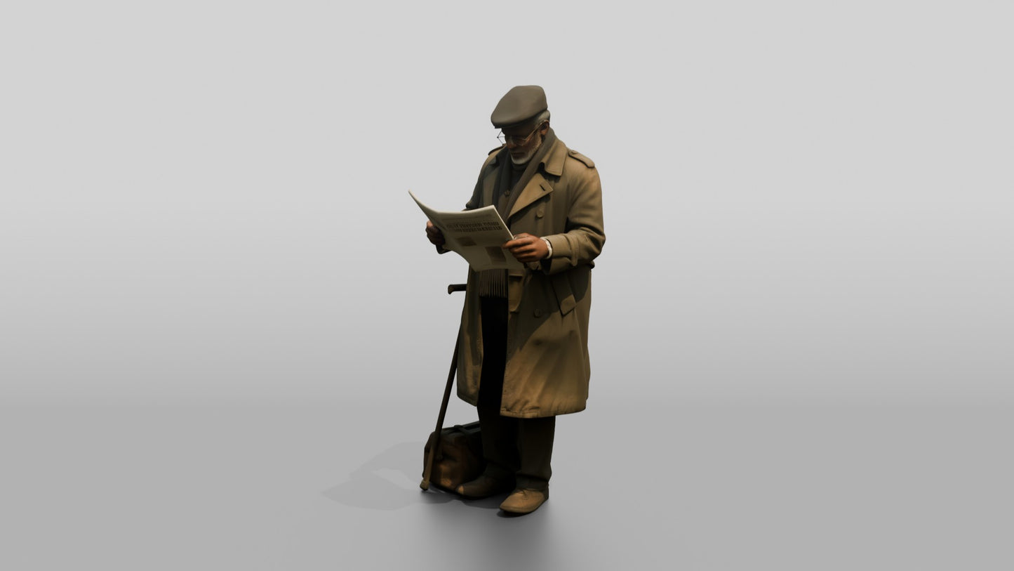 Elderly Black Man Reading Newspaper at Bus Stop