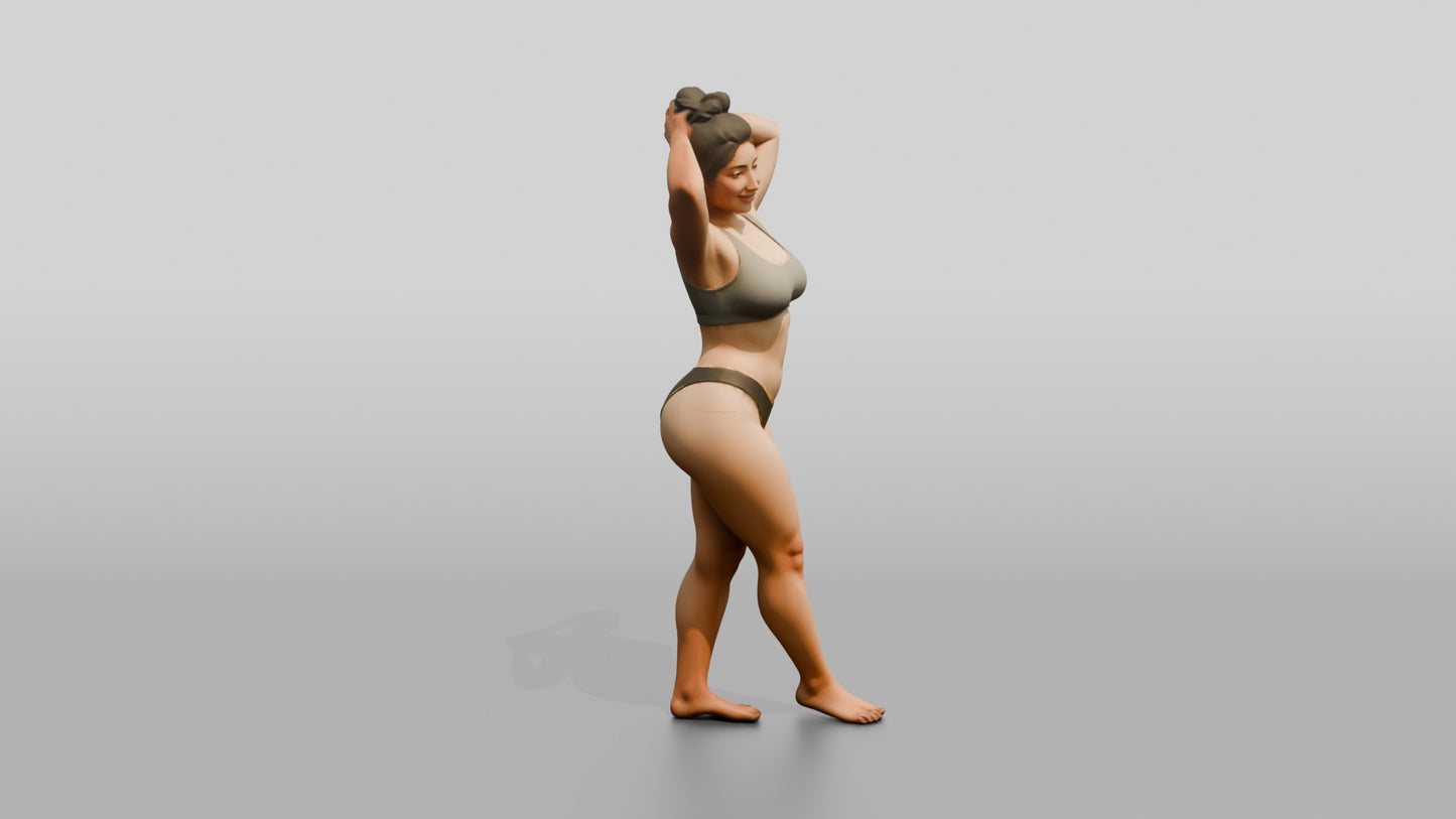 Curvy Woman in Olive Two-Piece Swimsuit Arms Raised