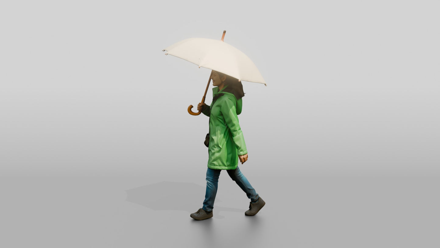 Indian Woman in Green Raincoat with White Umbrella
