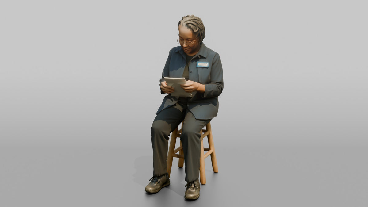 Woman Store Clerk Sitting On A Stool Reading A Receipt - 3D character model, view 4