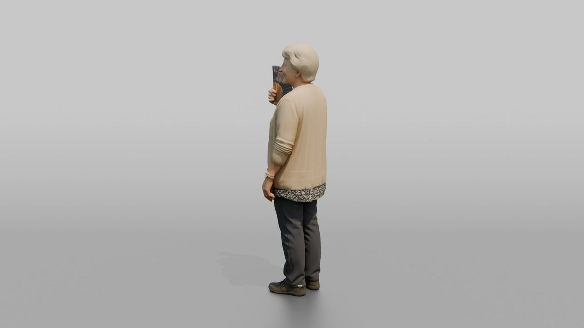 Grandmother Holding A Fan, Gently Fanning Herself - 3D character model, view 4