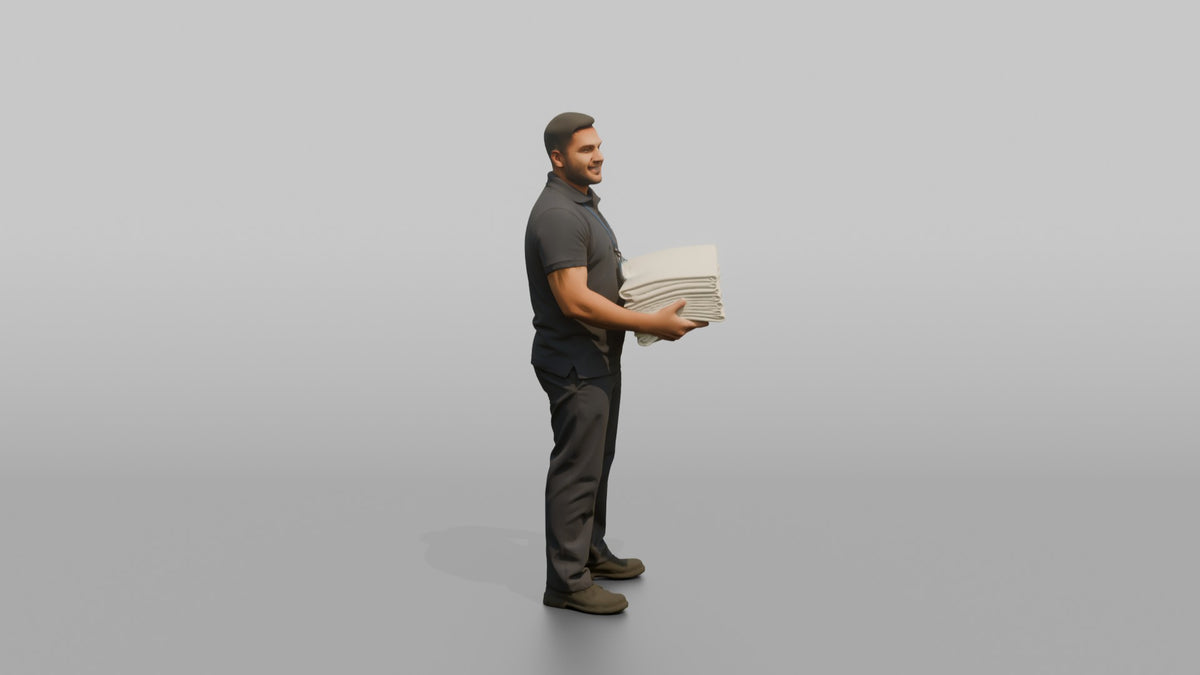 Housekeeping Staff Man Carrying A Stack Of Clean Bedsheets - 3D character model, view 2