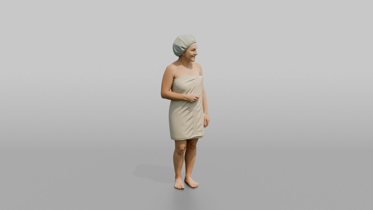 Spa Client Woman Standing Wrapped In A Towel, Hair In A Shower Cap - 3D character model, view 2