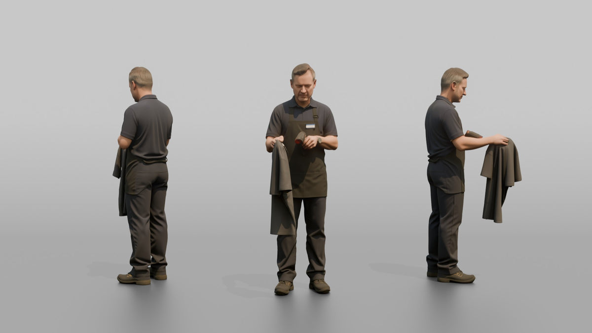 Man Cashier Scanning A Barcode On A Shirt With A Handheld Scanner - 3D character model, view 1