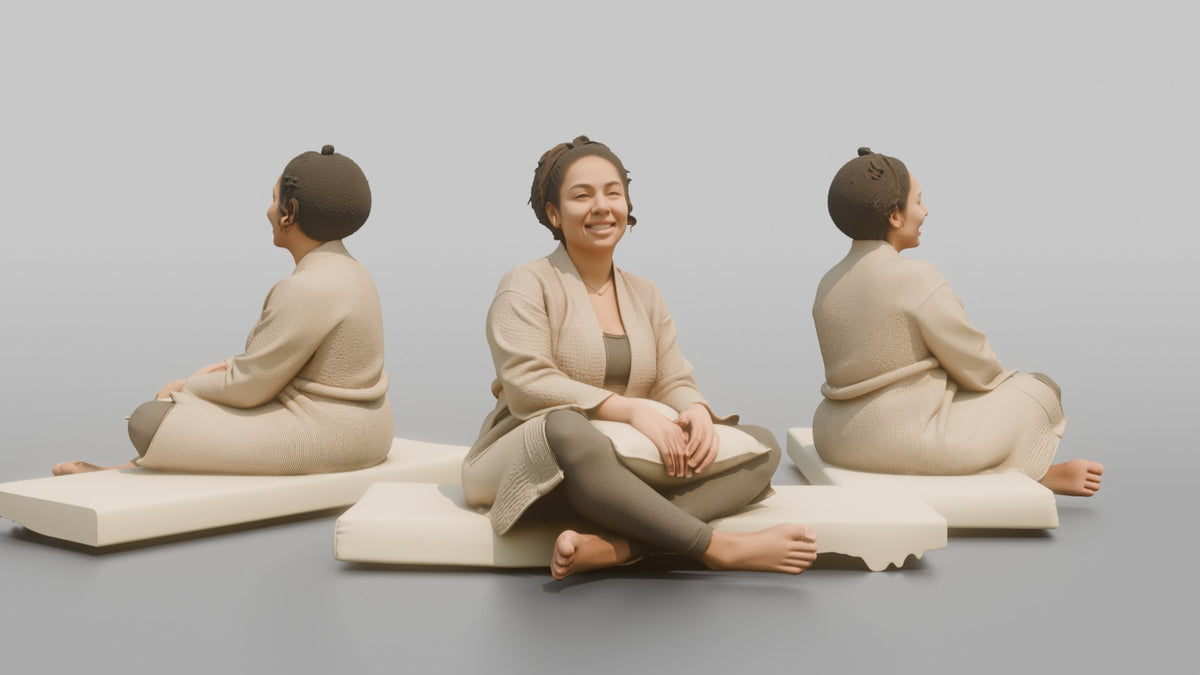 Spa Client Woman Sitting On A Daybed, Legs Crossed, Holding A Small Pillow - 3D character model, view 1