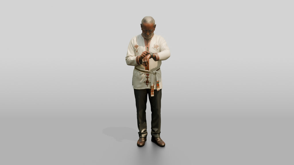 Elderly African Man in an Embroidered Tunic Checking His Watch