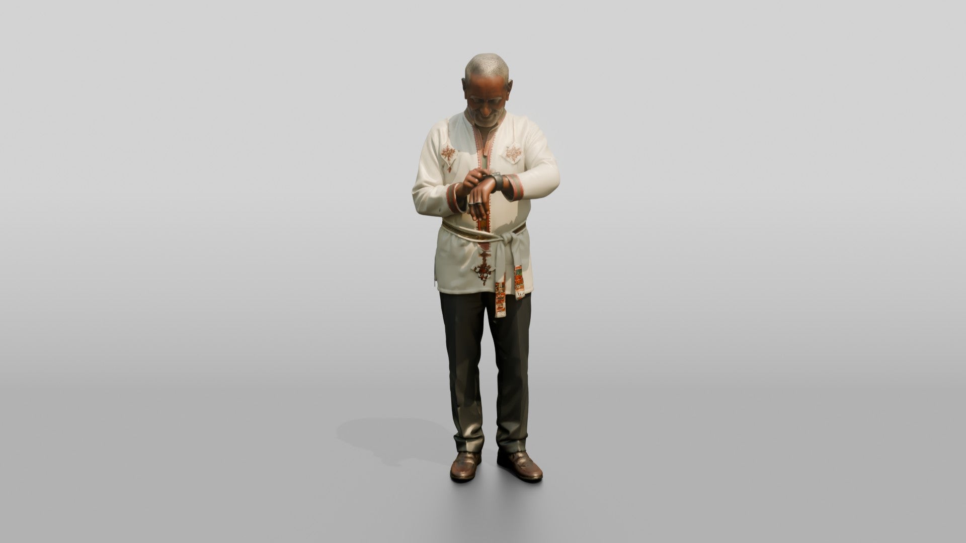 Elderly African Man in an Embroidered Tunic Checking His Watch