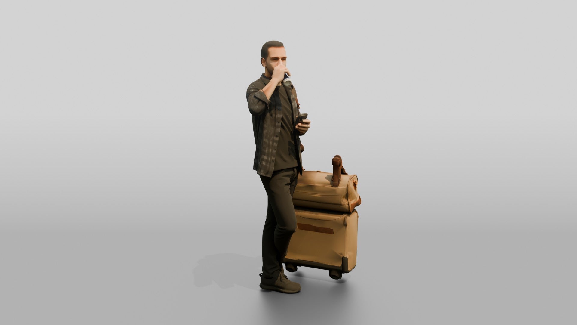 Man in Plaid Shirt Drinking Coffee and Texting with Luggage