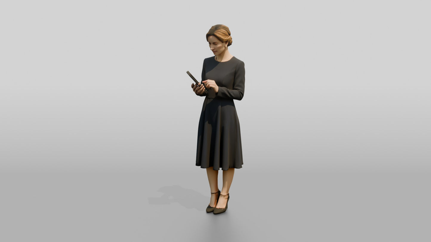 Woman Holding a Tablet in a Navy Dress