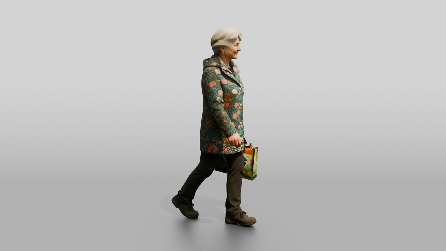 Elderly White Woman in Floral Raincoat with Shopping Bag