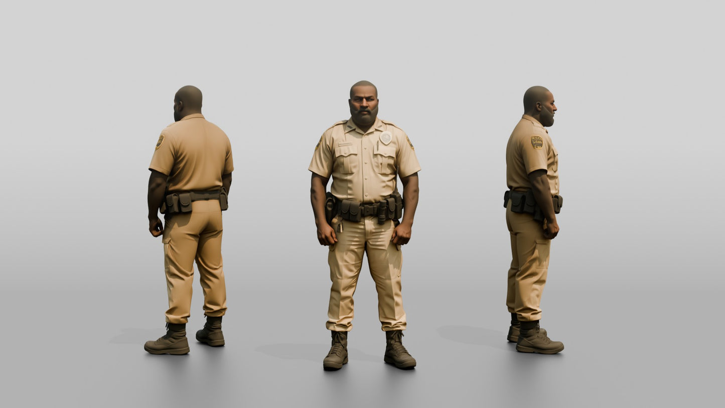 Thick Black Male Guard in a Khaki Guard Uniform
