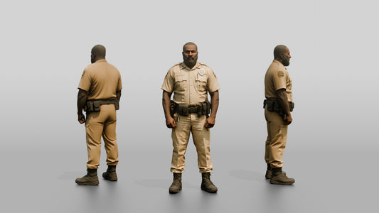 Thick Black Male Guard in a Khaki Guard Uniform