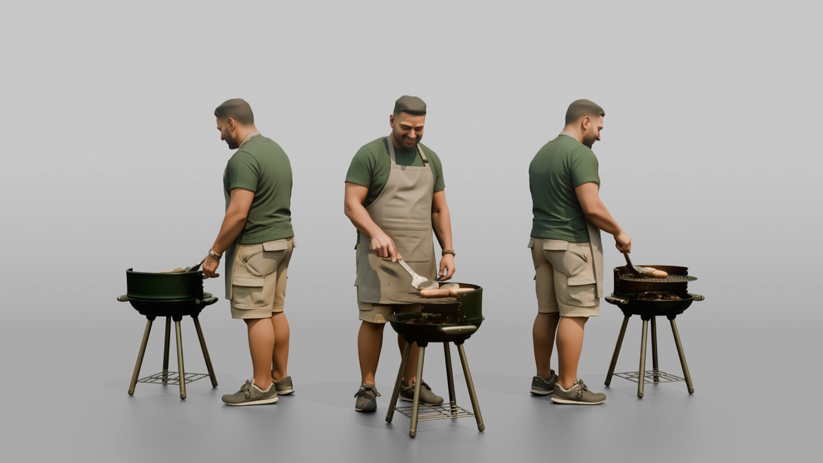 Father Flipping A Burger With A Spatula Over A Grill - 3D character model, view 1